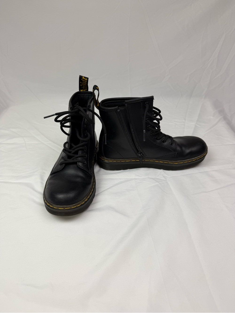 Dr. Martens Black Leather Lace-Up Ankle Boots with Yellow Stitching